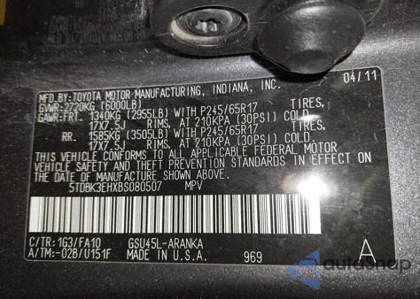 2011 Toyota Highlander Base V6 z USA, uszkodzony, nr VIN 5TDBK3EHXBS080507